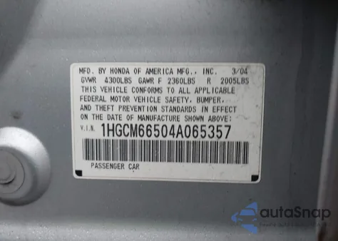 2004 Honda Accord 3.0 Ex из США, поврежденный, VIN 1HGCM66504A065357